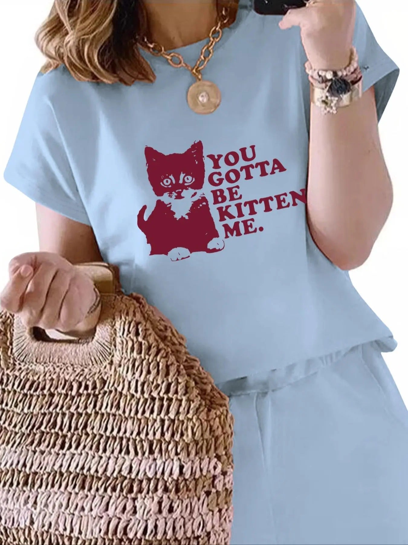 Women's Cartoon Cat & Letter Print Round Neck Tee, Cute Fashion Casual Drop Shoulder Short Sleeve T-shirt for Daily Wear,...