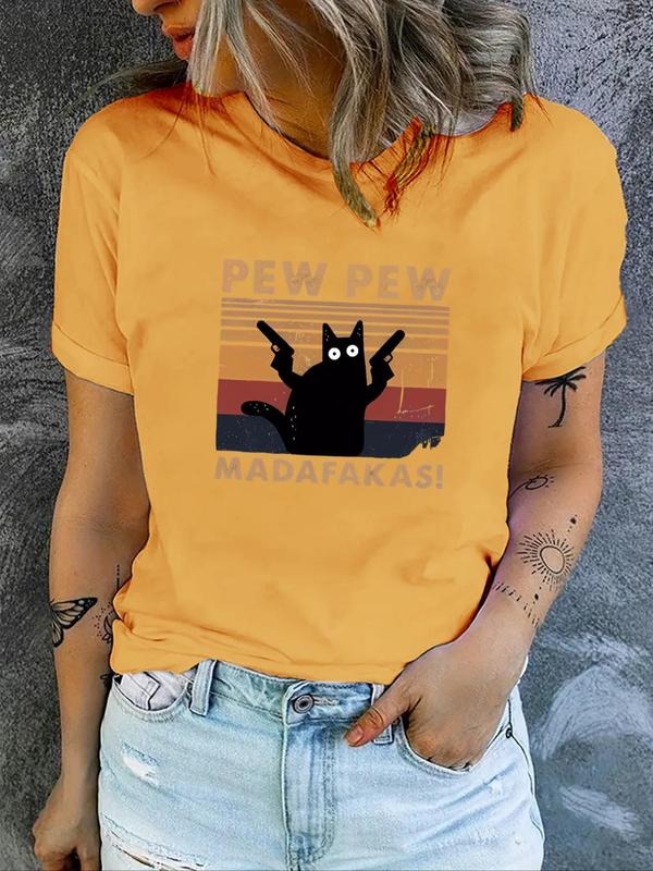 Women's Cartoon Cat & Letter Print Round Neck Tee, Fashion Casual Crew Neck T-Shirt for Daily Holiday Vacation Outdoor...