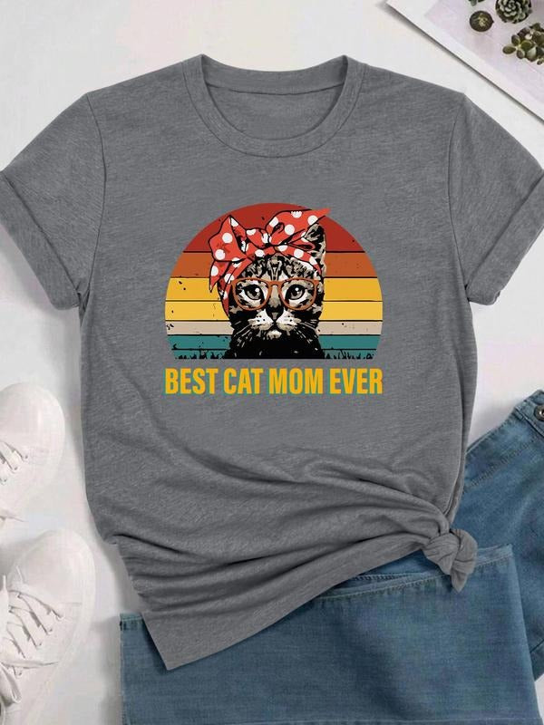 Cartoon Cat & Letter Print Round Neck Casual Crew Neck Daily Vacation Outdoor Clothes All Seasons T-Shirts, Hoodie, Sweatshirt
