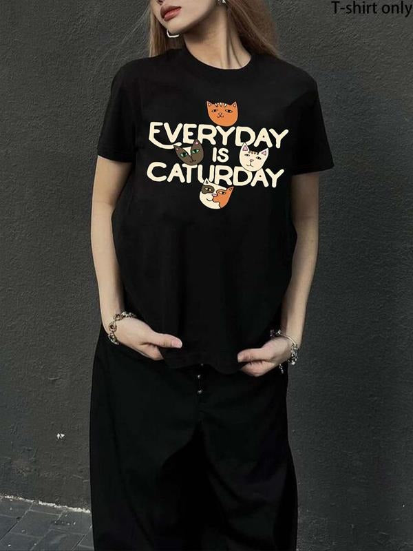 Women's Cartoon Cat & Letter Print Round Neck Tee, Fashion Casual Crew Neck T-shirt for Daily Holiday Vacation Outdoor...