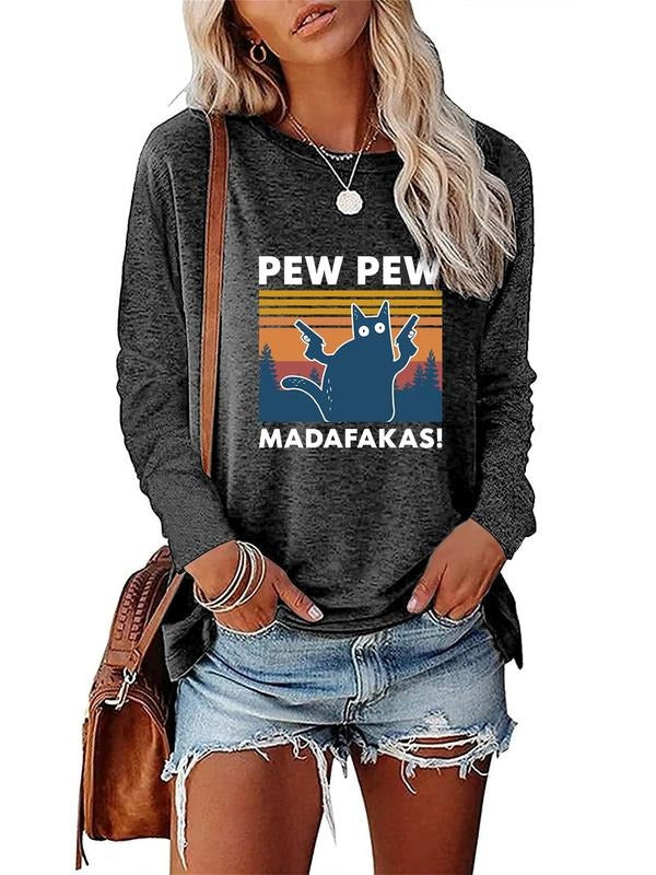 Women's Cartoon Cat & Letter Print Round Neck Tee, Long Sleeve Graphic T-Shirt, Casual Top for Spring & Fall, T-shirts...