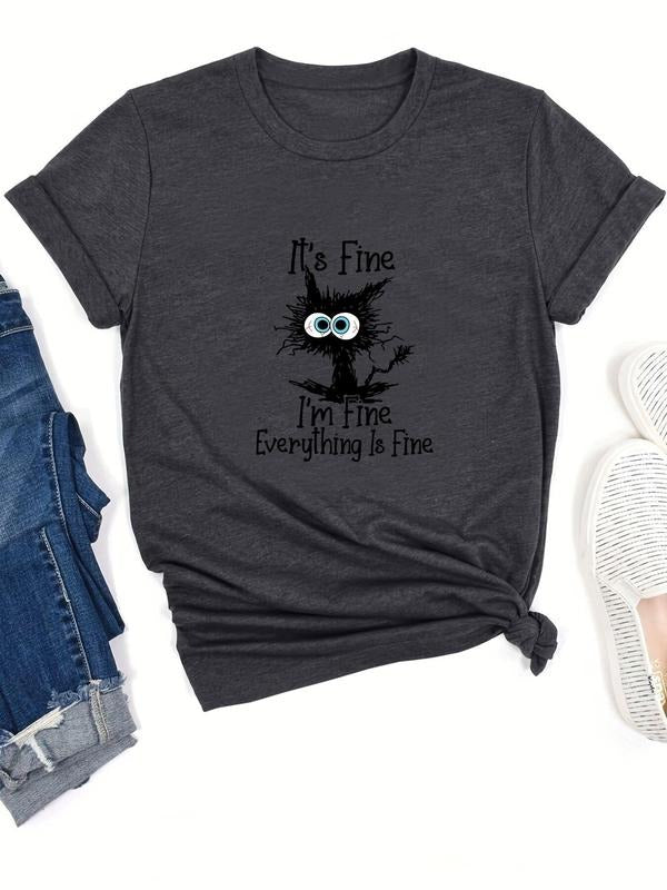 Cartoon Cat & Letter Print Summer Clothes Casual Round Neck Fitted Lady Summer Top Street Womenswear T-Shirts, Hoodie, Sweatshirt