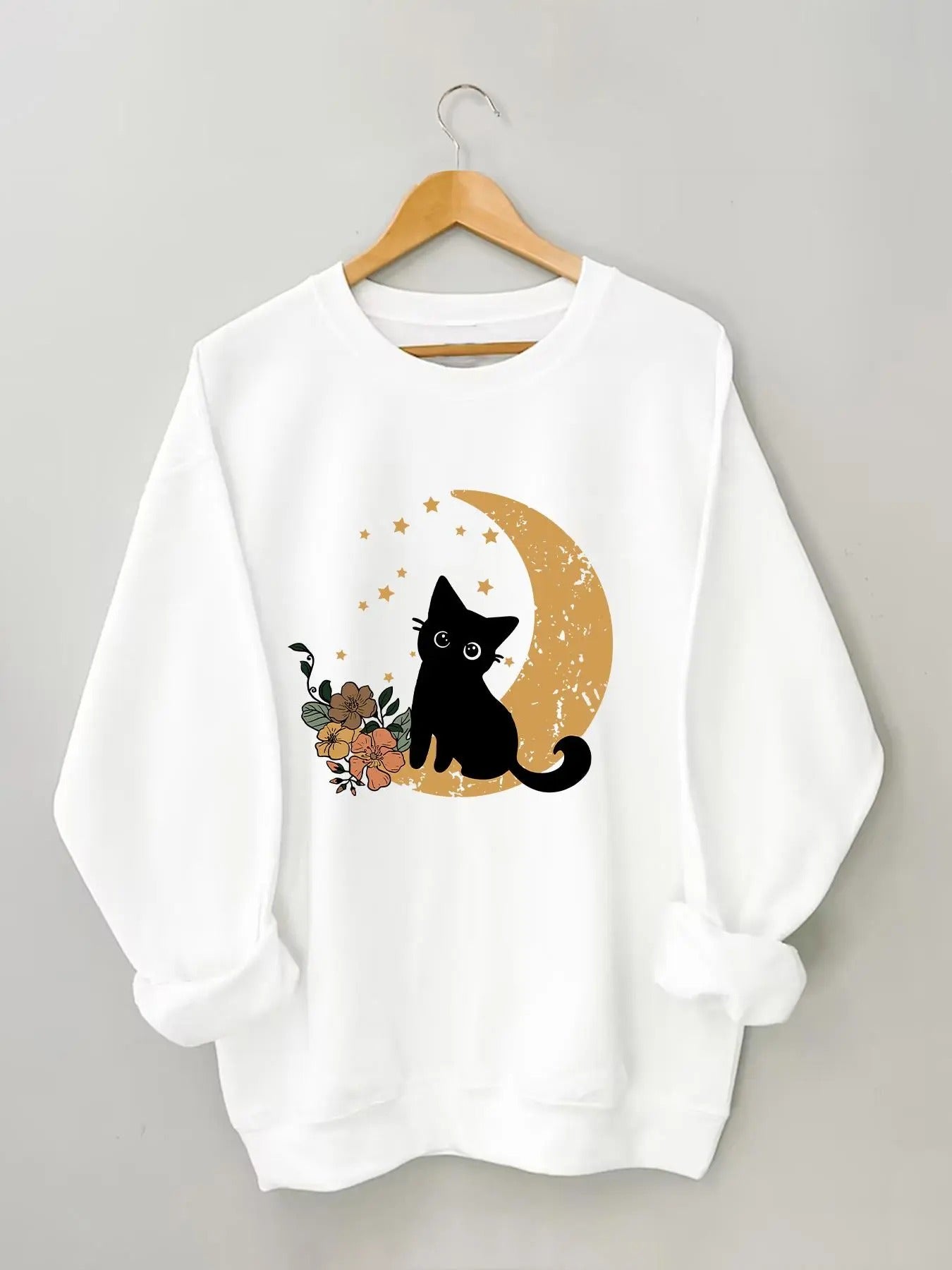 Women's Cartoon Cat & Moon Print Round Neck Sweatshirt, Casual Long Sleeve Crew Neck Pullover for Daily Wear, Ladies...