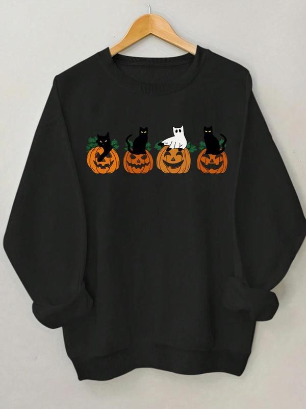 Women's Cartoon Cat & Pumpkin Print Crew Neck Sweatshirt, Casual Drop Shoulder Long Sleeve Pullover, Women's Fall &...
