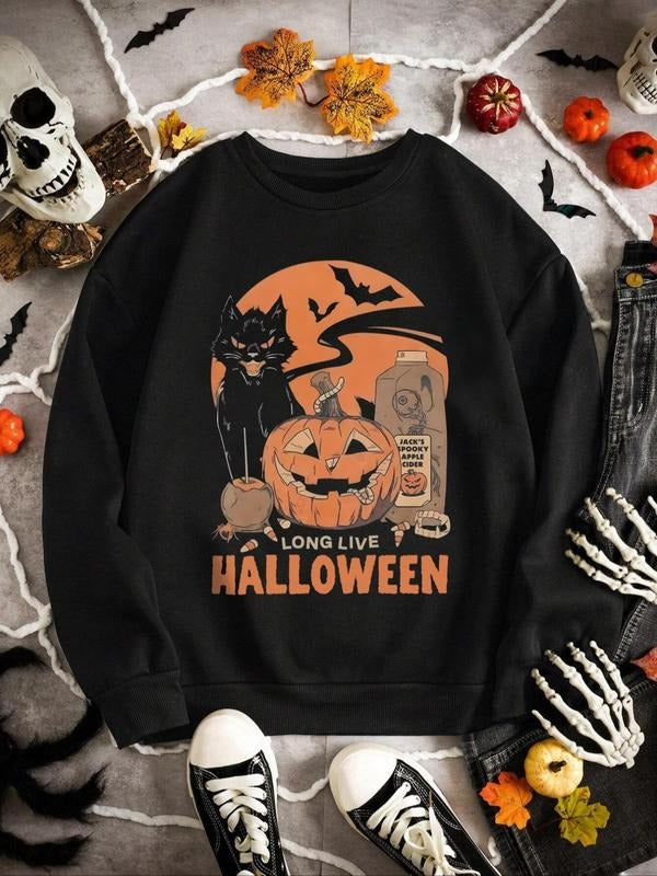 Women's Cartoon Cat & Pumpkin Print Crew Neck Sweatshirt, Casual Long Sleeve Pullover for Fall & Winter, Women's Clothes...