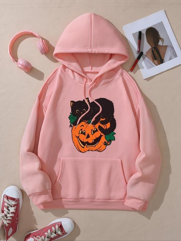Women's Cartoon Cat & Pumpkin Print Drawstring Pocket Hoodie, Casual Drop Shoulder Long Sleeve Hooded Sweatshirt, Lady...