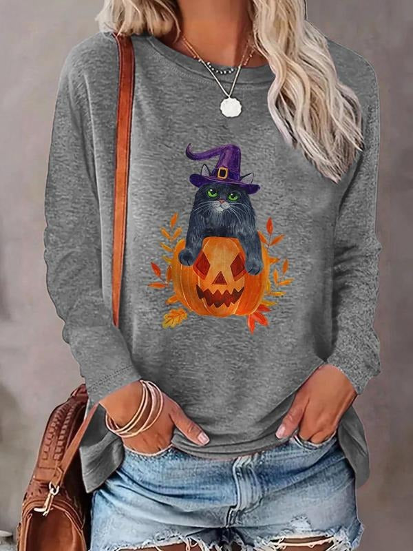 Women's Cartoon Cat & Pumpkin Print Round Neck T-shirt, Fashion Casual Long Sleeve Tee, Women's Top for Daily Wear...