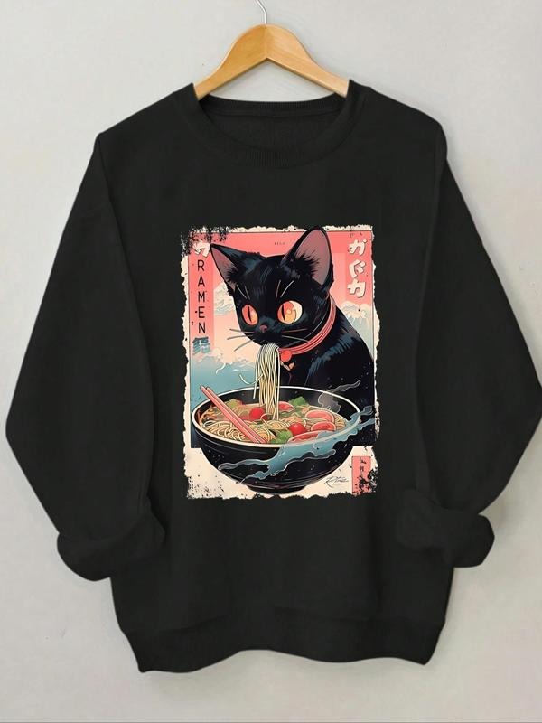 Women's Cartoon Cat & Ramen Print Drop Shoulder Sweatshirt, Casual Long Sleeve Round Neck Pullover for Daily Wear, Ladies...