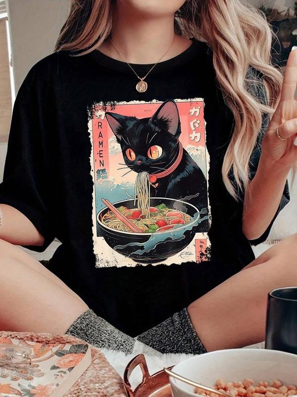 Cartoon Cat & Ramen Print Round Neck Casual Drop Shoulder Short Sleeve Summer Clothes Daily T-Shirts, Hoodie, Sweatshirt