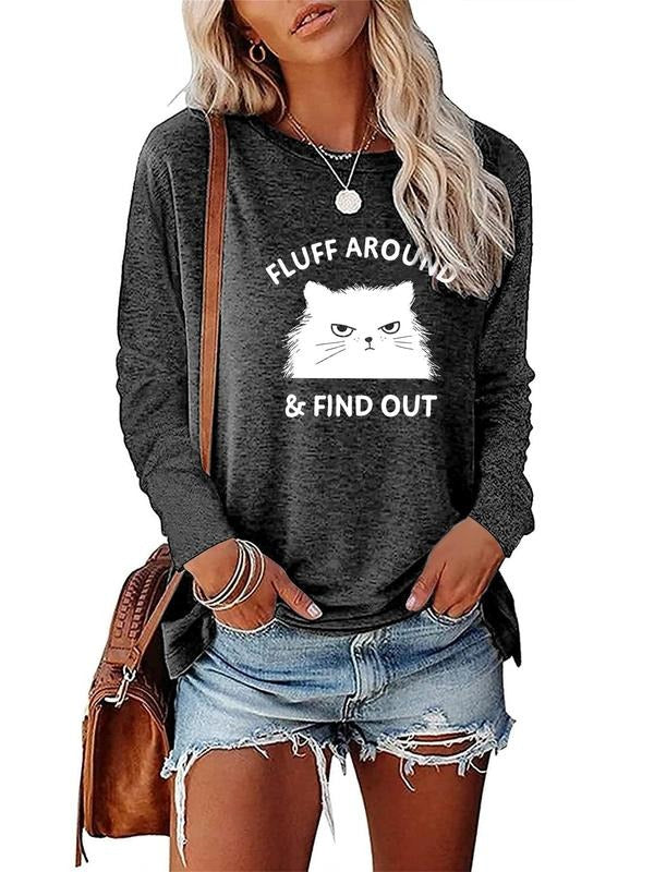 Women's Cartoon Cat Graphic Round Neck Drop Shoulder Tee, Casual Letter Print Long Sleeve Crew Neck T-Shirt for Spring &...