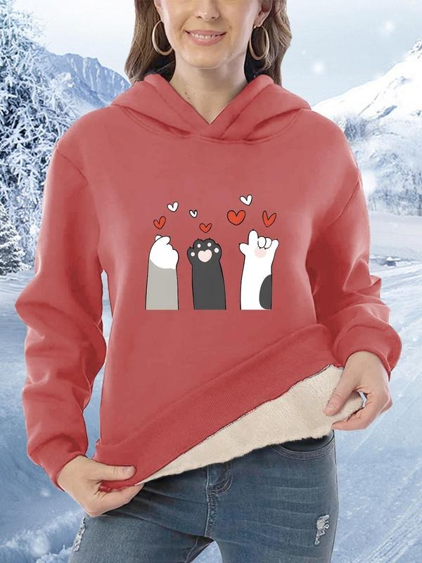 Women's Cartoon Cat Paw & Heart Print Drop Shoulder Hoodie, Fashion Casual Long Sleeve Hooded Sweatshirt for Daily...