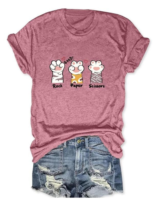 Women's Cartoon Cat Paw Print Round Neck Tee, Fashion Casual Letter & Heart Print Short Sleeve Crew Neck T-shirt for...