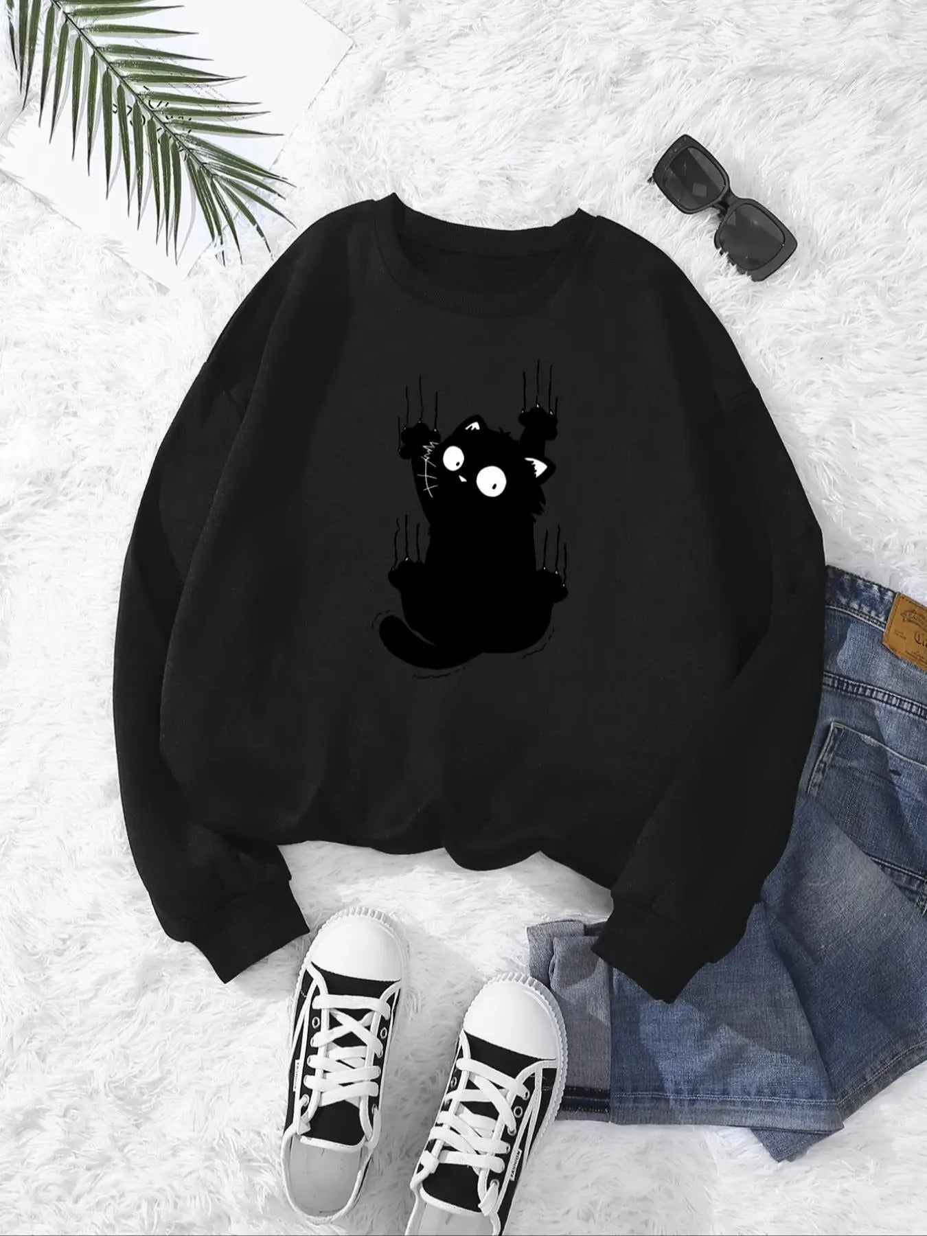 Women's Cartoon Cat Print Crew Neck Sweatshirt, Casual Long Sleeve Pullover for Fall & Winter, Women's Clothes for Daily...