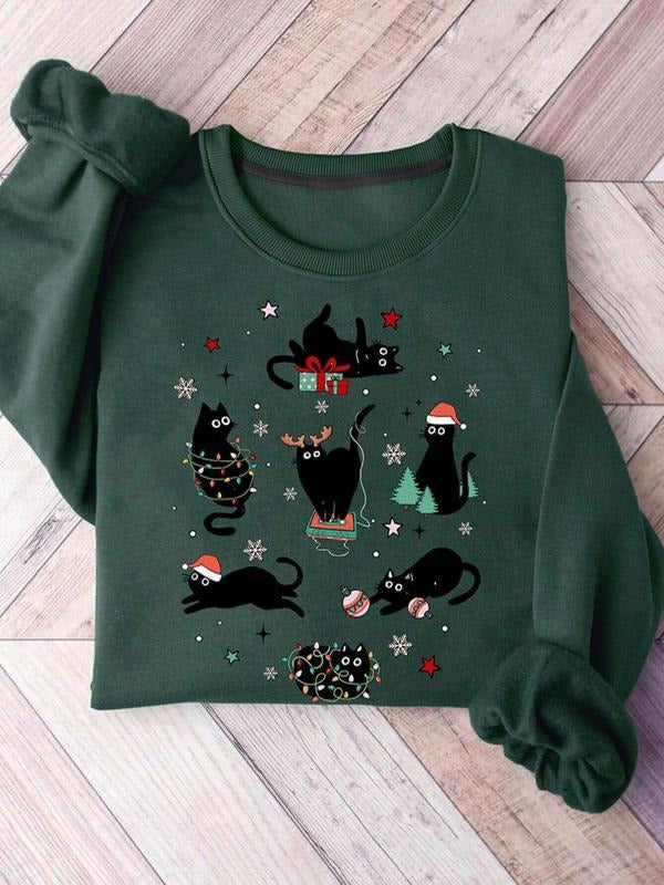 Women's Cartoon Cat Print Crew Neck Sweatshirt, Casual Long Sleeve Pullover, Women's Fall & Winter Clothes for Daily Wear...