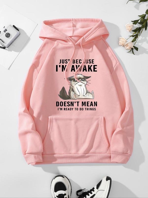 Women's Cartoon Cat Print Drawstring Hoodie, Casual Letter Print Pocket Hooded Sweatshirt for Fall & Winter, Fashion...