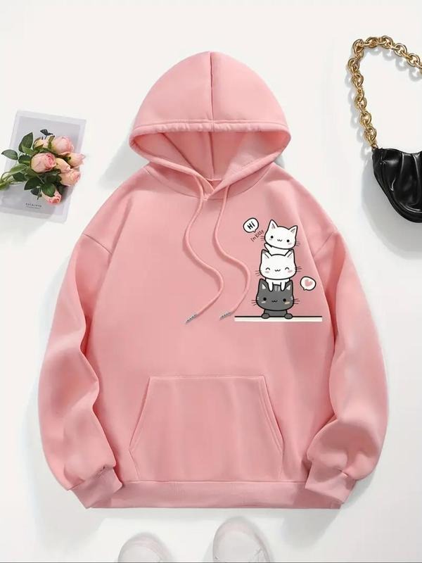 Women's Cartoon Cat Print Drawstring Hoodie, Fashion Casual Hooded Sweatshirt for Daily Holiday Outdoor Wear, Women...