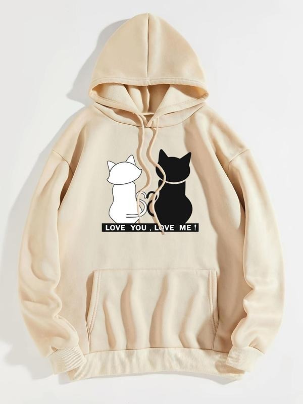 Women's Cartoon Cat Print Drop Shoulder Drawstring Hoodie, Fashion Casual Pocket Hooded Sweatshirt for Daily Holiday...