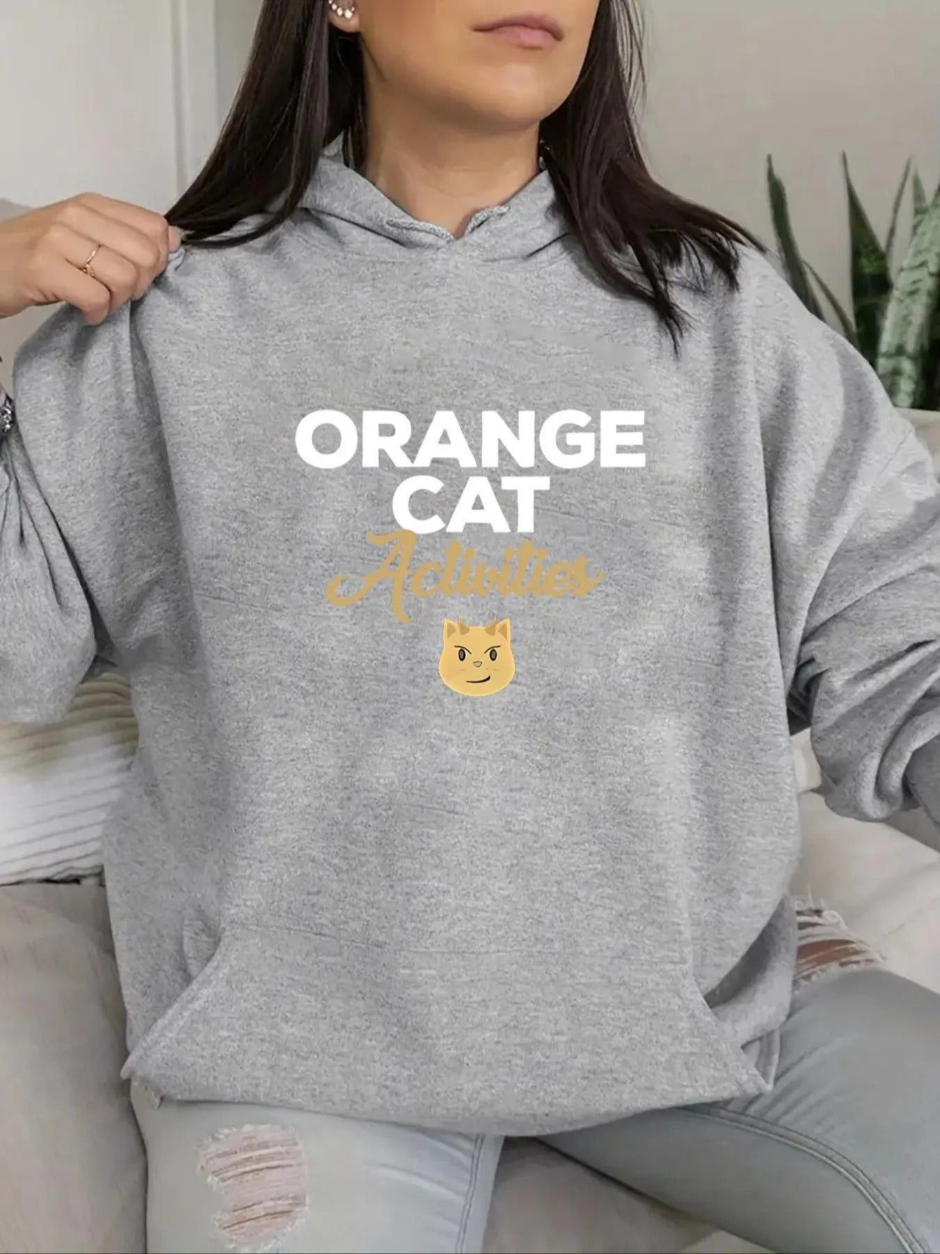 Women's Cartoon Cat Print Drop Shoulder Hoodie, Casual Letter Graphic Long Sleeve Drawstring Pocket Hooded Sweatshirt for...
