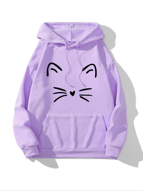Women's Cartoon Cat Print Drop Shoulder Hoodie, Fashion Casual Drawstring Pocket Hooded Sweatshirt for Daily Holiday...