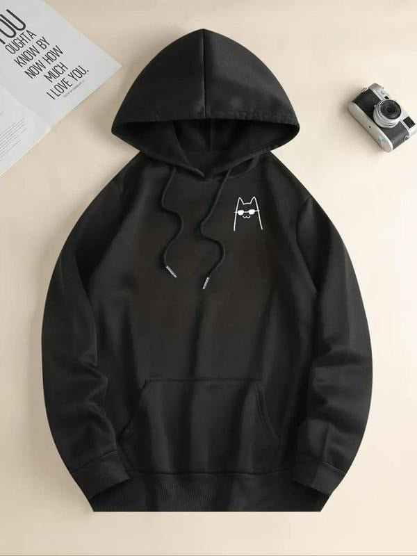 Women's Cartoon Cat Print Drop Shoulder Hoodie, Fashion Casual Drawstring Pocket Hooded Sweatshirt for Daily Holiday...