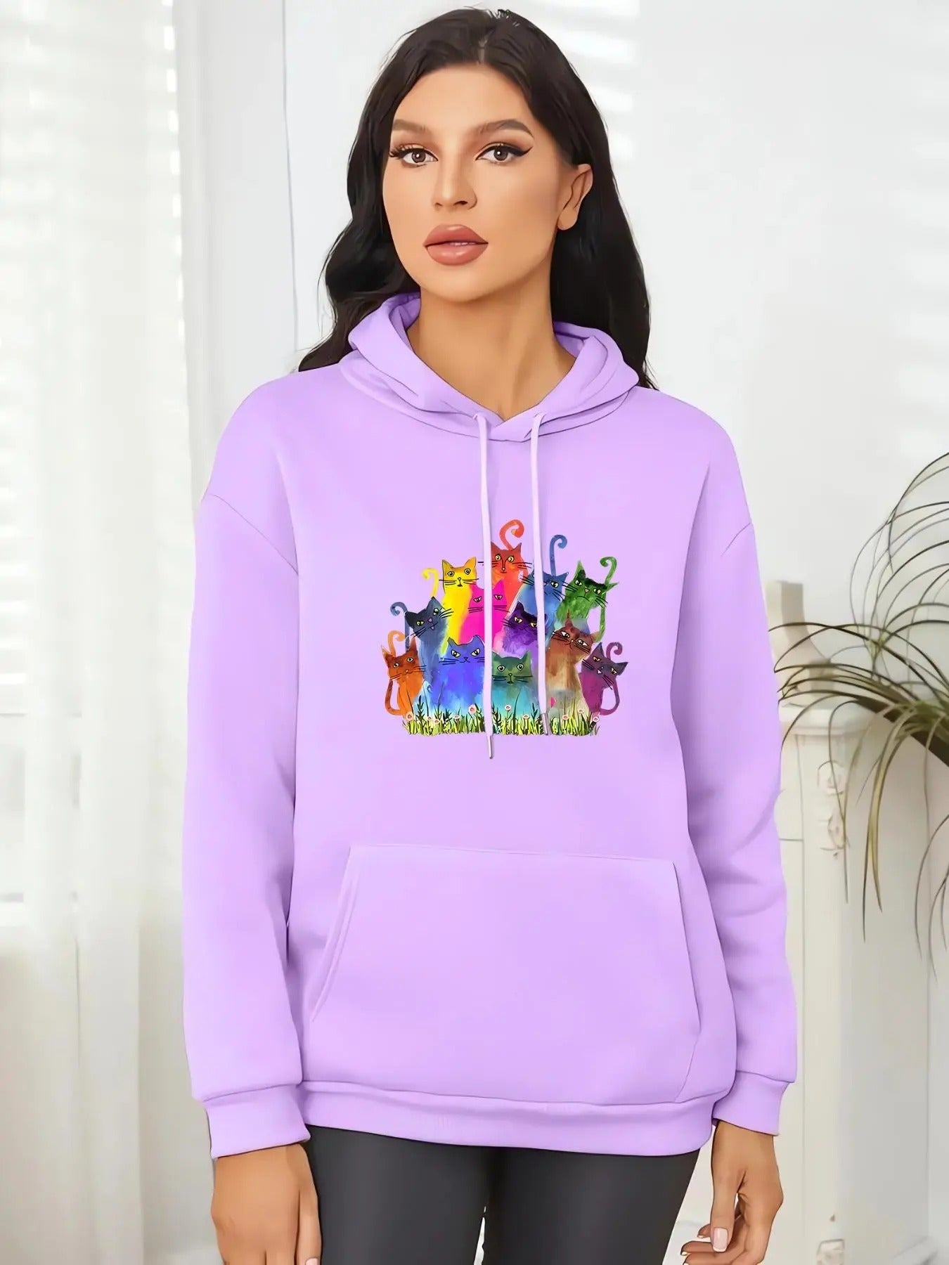 Women's Cartoon Cat Print Drop Shoulder Hoodie, Fashion Casual Drawstring Pocket Hooded Sweatshirt for Daily Wear, Ladies...