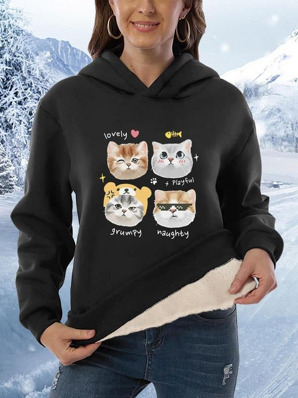 Women's Cartoon Cat Print Drop Shoulder Hoodie, Fashion Casual Heart Printed Long Sleeve Hooded Sweatshirt for Daily...