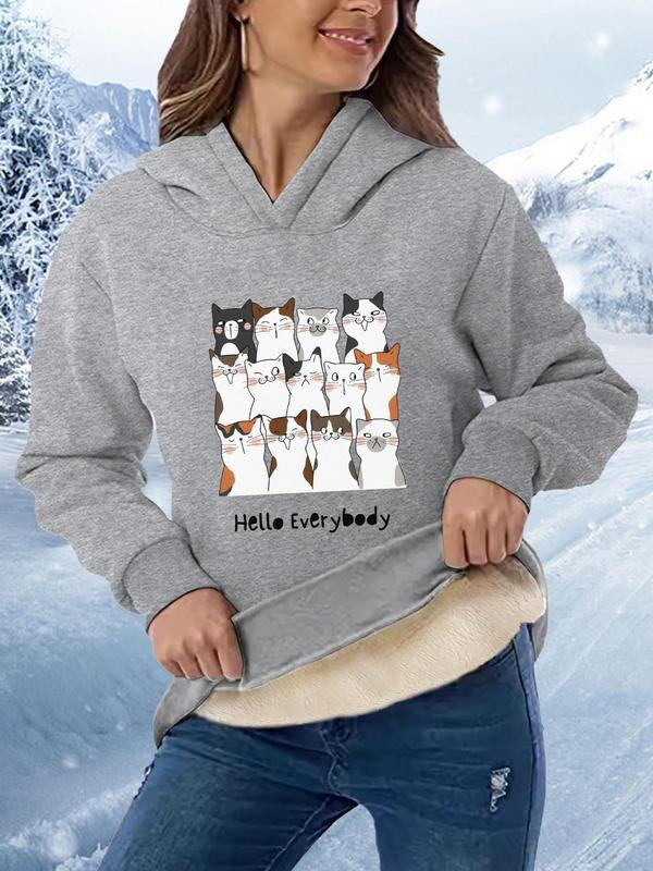 Women's Cartoon Cat Print Drop Shoulder Hoodie, Fashion Casual Letter Print Hooded Sweatshirt for Daily Holiday Outdoor...