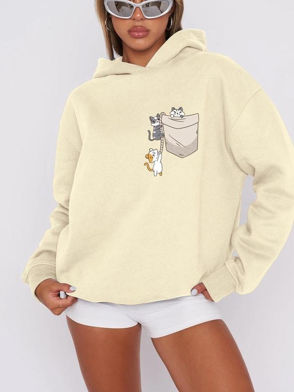 Women's Cartoon Cat Print Drop Shoulder Hoodie, Fashion Casual Long Sleeve Hooded Sweatshirt for Daily Holiday Outdoor...