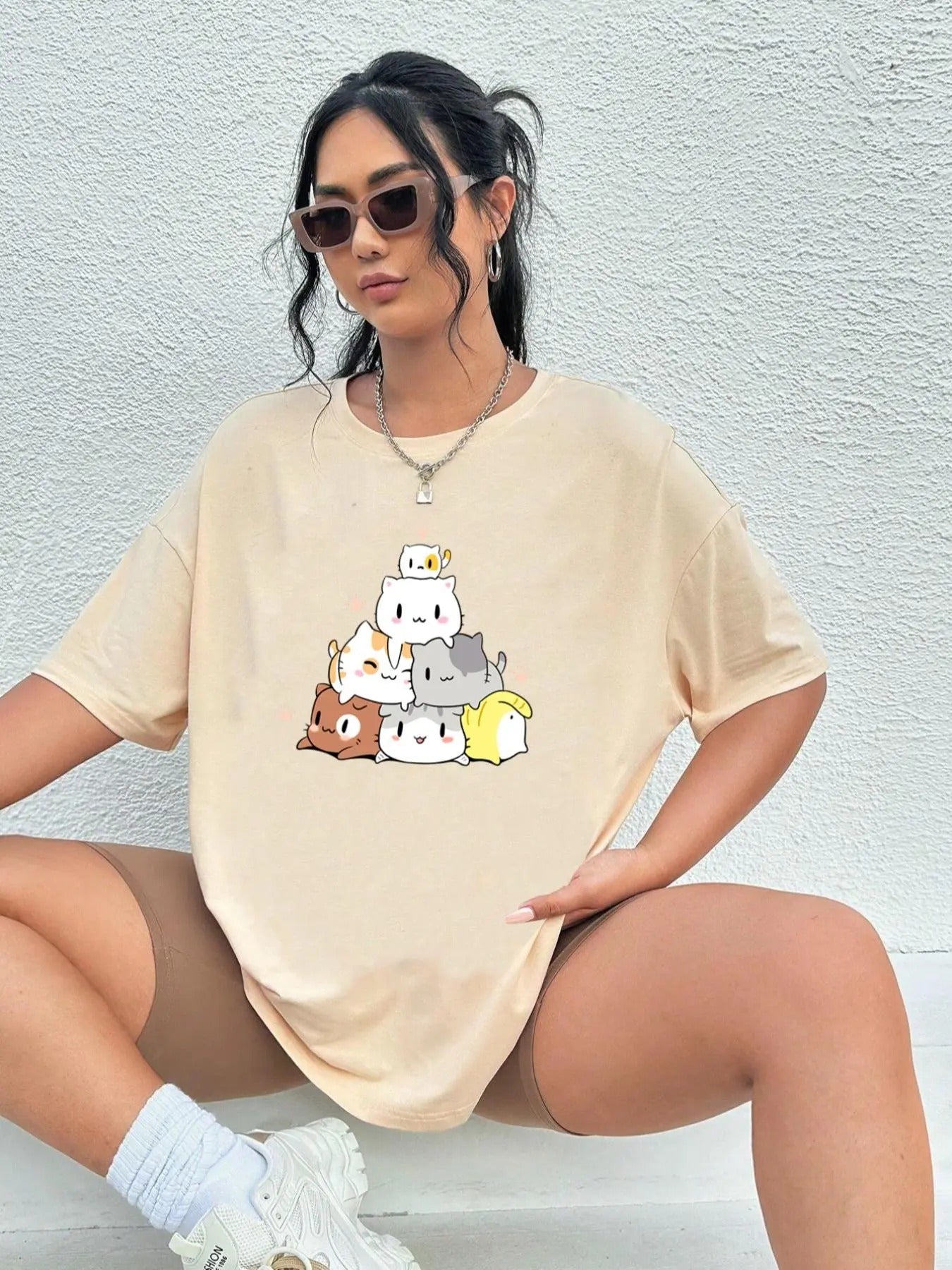Women's Cartoon Cat Print Drop Shoulder Tee, Casual Half Sleeve Round Neck T-shirt for Daily Wear,  Women's Clothes for...