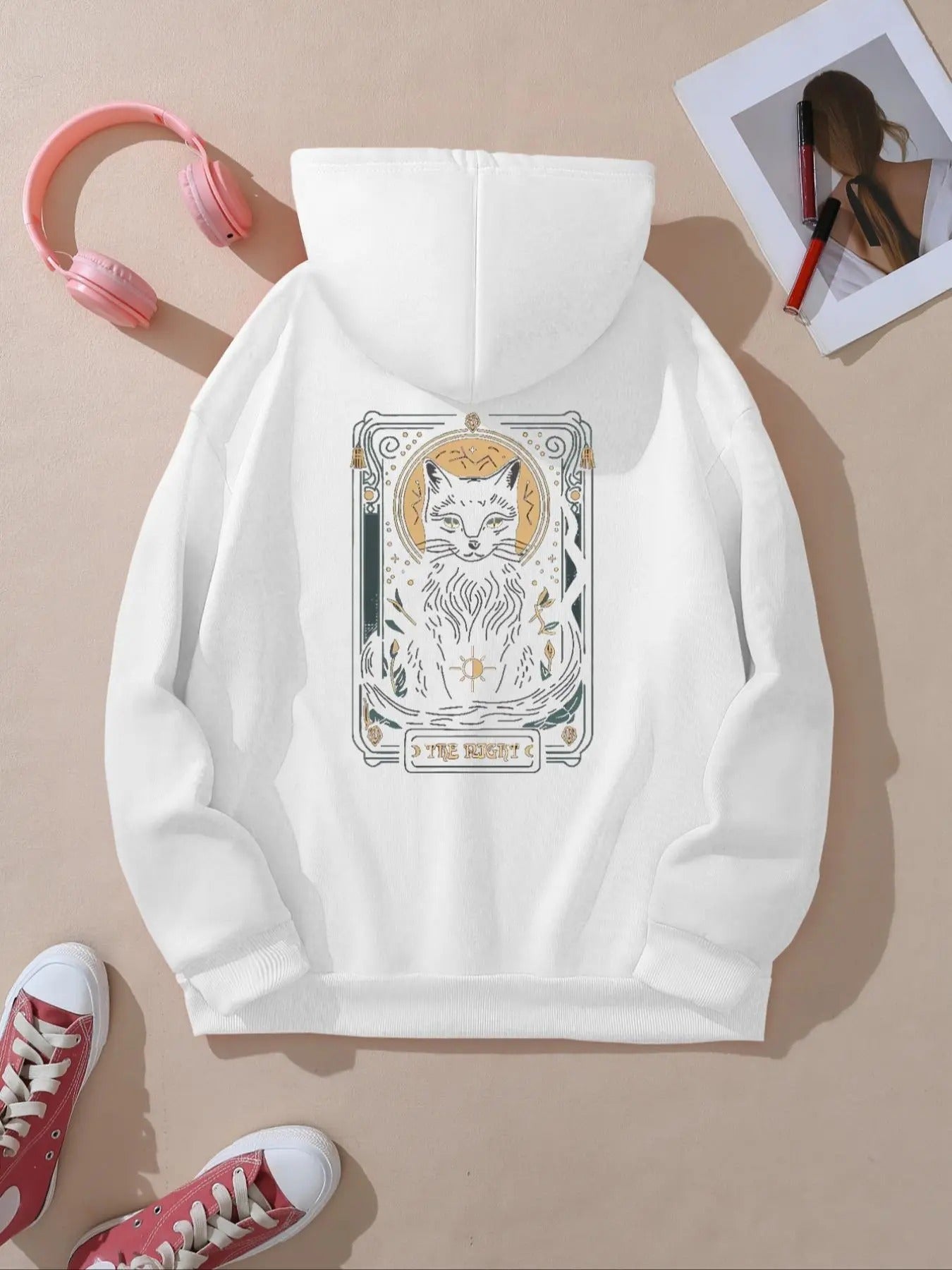 Women's Cartoon Cat Print Hoodie, Casual Hooded Sweatshirt for Fall & Winter, Women's Clothes for Daily Wear T-Shirts