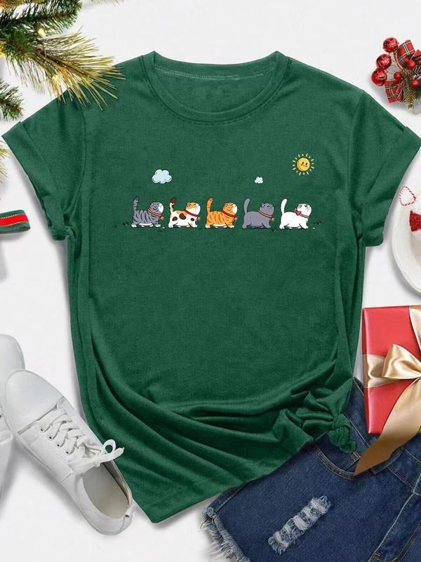 Women's Cartoon Cat Print Round Neck Tee, Casual Short Sleeve Crew Neck T-Shirt for All Seasons, Fashion Women's Top for...