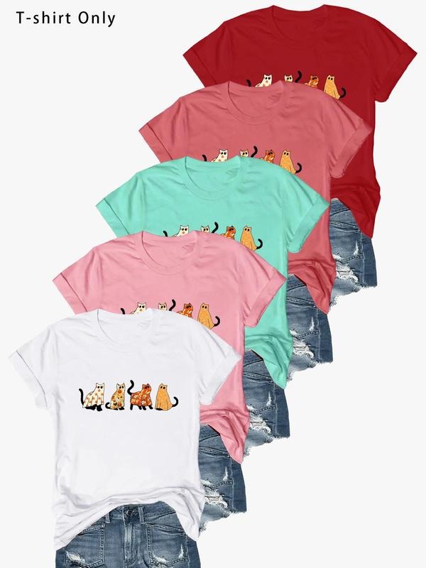 Women's Cartoon Cat Print Round Neck Tee, Casual Short Sleeve Crew Neck T-Shirt for Daily Wear, Ladies Clothes for All...