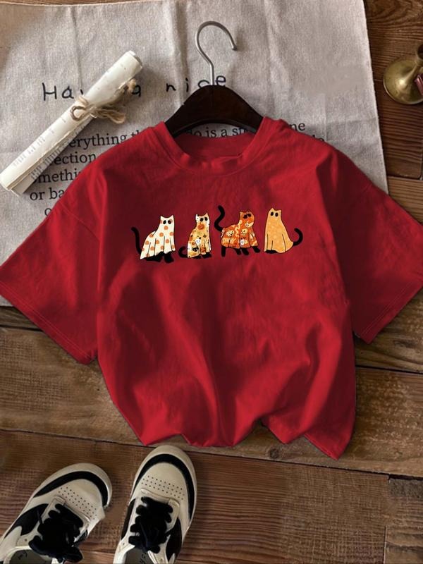 Women's Cartoon Cat Print Round Neck Tee, Casual Short Sleeve Crew Neck T-Shirt for Daily Wear, Ladies Clothes for All...