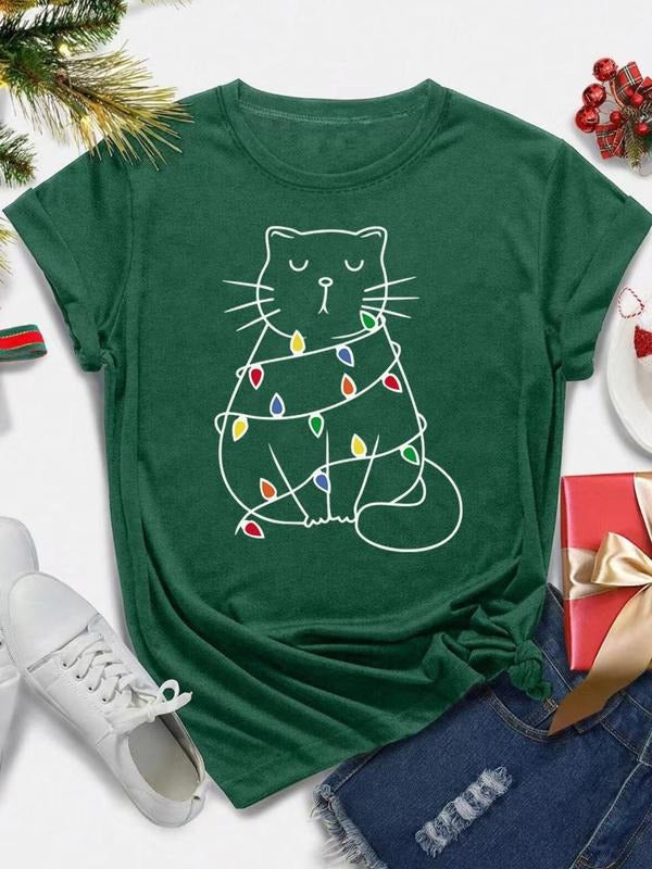 Women's Cartoon Cat Print Round Neck Tee, Casual Short Sleeve Crew Neck T-Shirt for Summer, Fashion Women's Top for Daily...