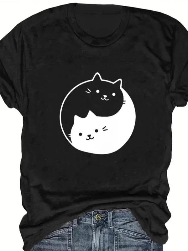 Women's Cartoon Cat Print Round Neck Tee, Casual Short Sleeve Crew Neck T-Shirt for Summer, Fashion Women's Top for Daily...