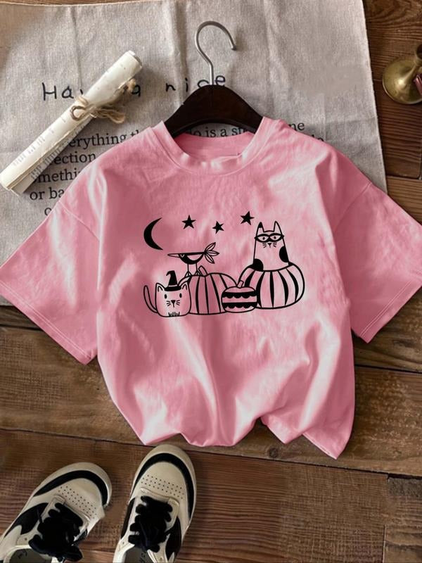 Women's Cartoon Cat Print Round Neck Tee, Casual Short Sleeve Crew Neck T-Shirt for Summer, Fashion Women's Top for Daily...