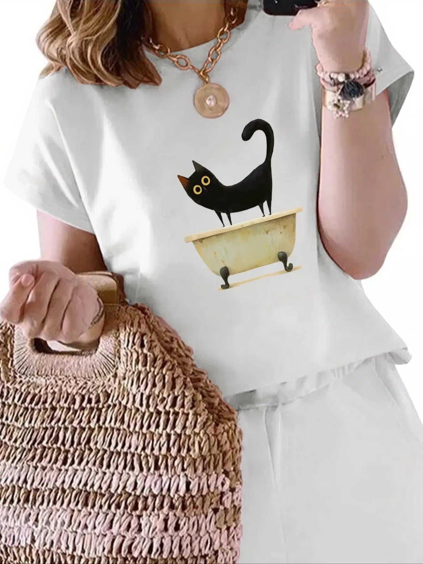Women's Cartoon Cat Print Round Neck Tee, Casual Short Sleeve T-Shirt for Daily Wear, Ladies Clothes for All Seasons...