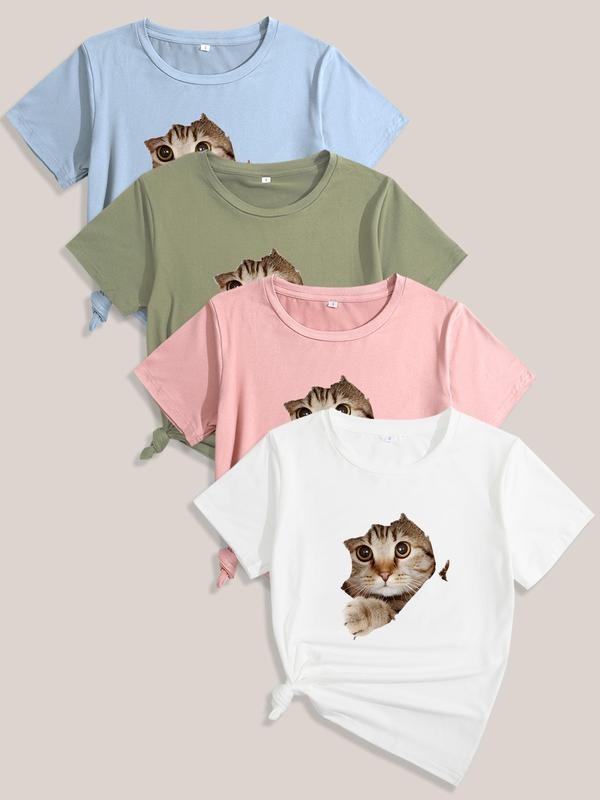 Women's Cartoon Cat Print Round Neck Tee, Casual Short Sleeve T-Shirt for Summer, Ladies Clothes for Daily Wear style 02...
