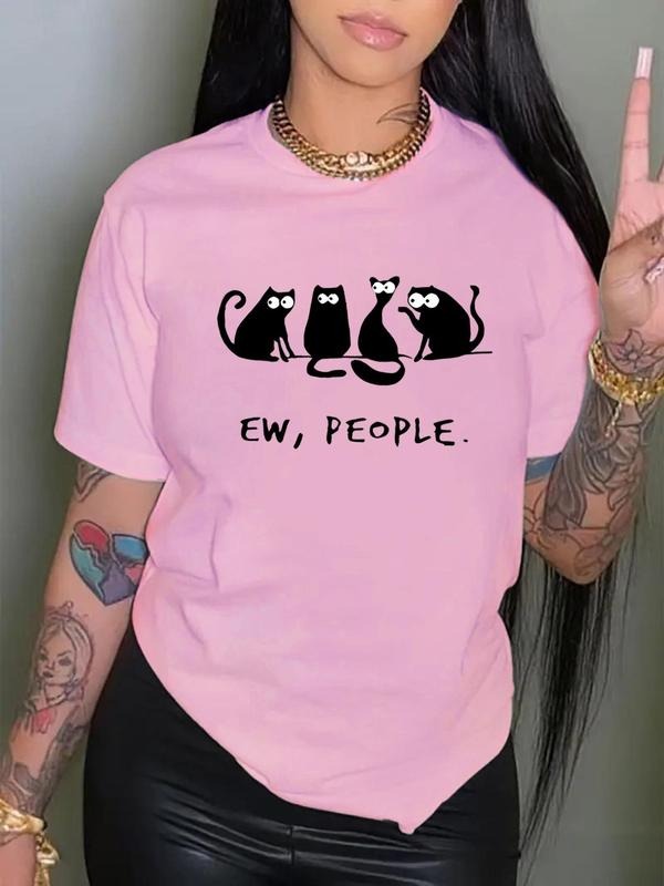 Women's Cartoon Cat Print Round Neck Tee, Fashion Casual Crew Neck T-Shirt for Daily Holiday Vacation Outdoor Wear,...