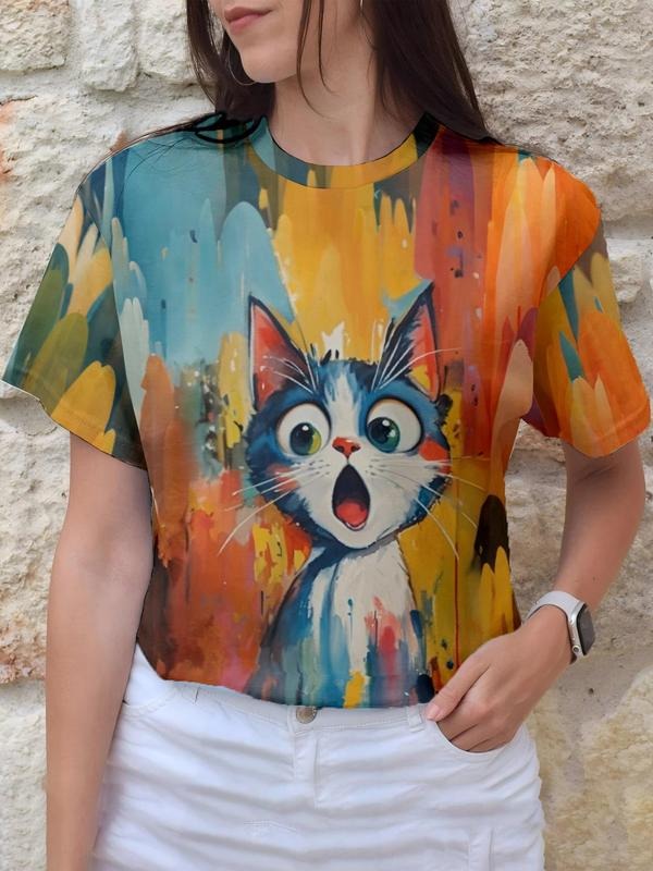 Women's Cartoon Cat Print Round Neck Tee, Fashion Casual Crew Neck T-shirt for Daily Holiday Vacation Outdoor Wear,...