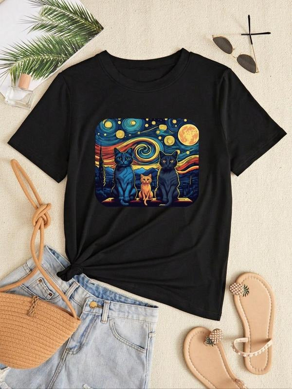 Women's Cartoon Cat Print Round Neck Tee, Summer Clothes Women, Fashion Casual Short Sleeve T-Shirt for Daily Outdoor...