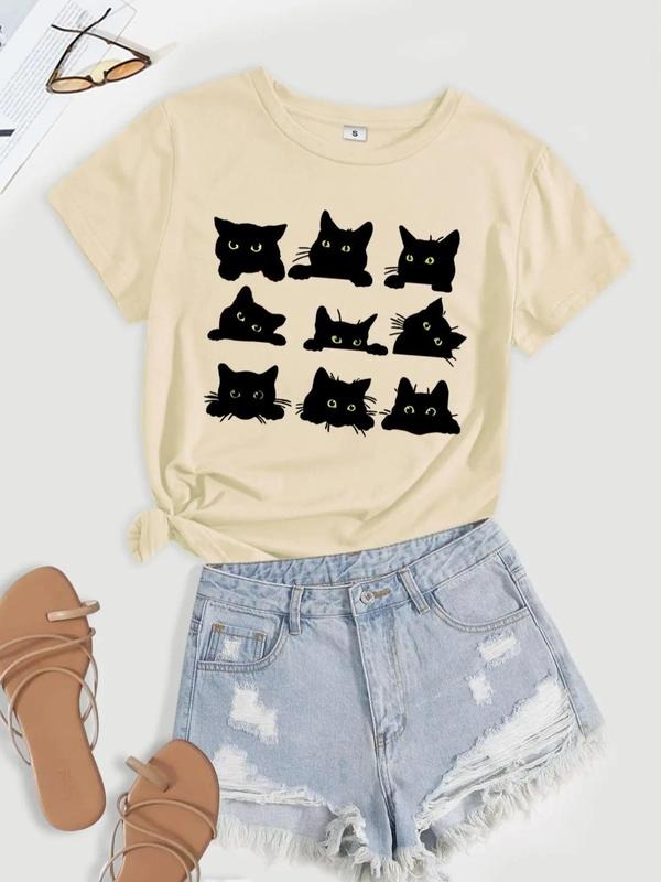 Women's Cartoon Cat Print Short Sleeve Jersey Tee, Casual Fashion Round Neck T-shirt, Summer Clothes Women, Women's Top...