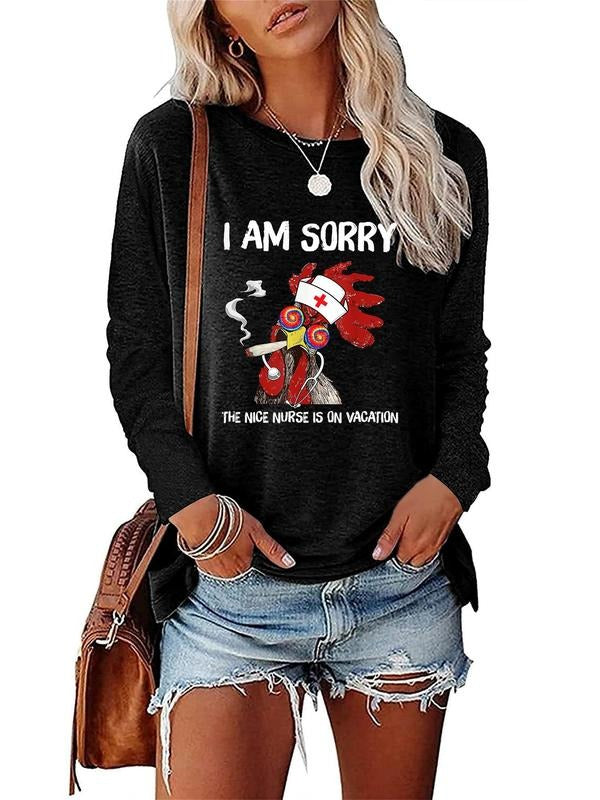 Women's Cartoon Chicken Letter Print Round Neck Longsleeves Graphic Tee, Fashion Casual Long Sleeve T-shirt for Lady...