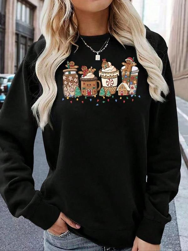 Women's Cartoon Christmas Graphic Print Crew Neck Sweatshirt, Casual Drop Shoulder Long Sleeve Pullover, Women's Fall &...
