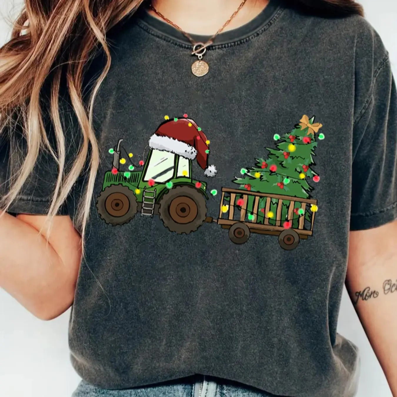 Women's Cartoon Christmas Tree & Tractor Print Drop Shoulder Tee, Casual Short Sleeve Round Neck T-shirt for Daily Wear,...