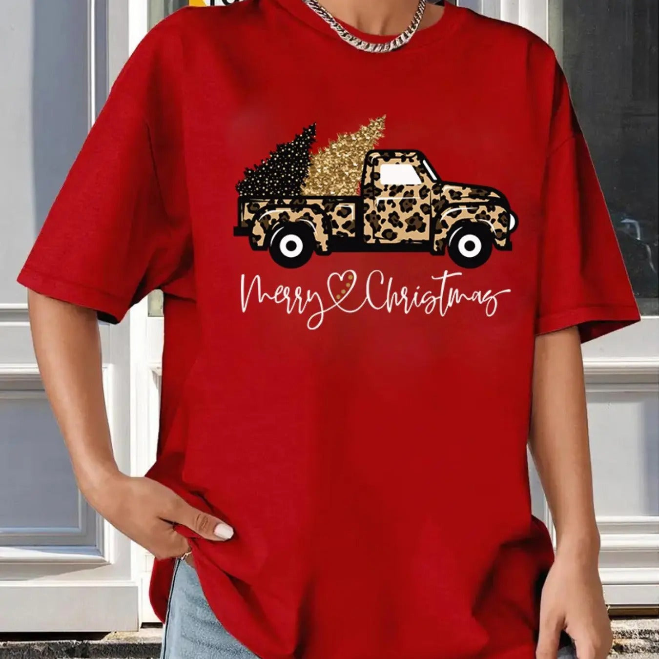 Women's Cartoon Christmas Tree Truck & Letter Print Drop Shoulder Tee, Casual Half Sleeve Round Neck T-shirt for Summer,...