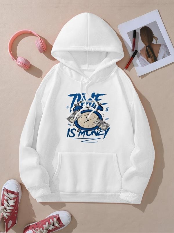Women's Cartoon Clock Print Drop Shoulder Hoodie, Fashion Casual Drawstring Pocket Hooded Sweatshirt for Daily Holiday...