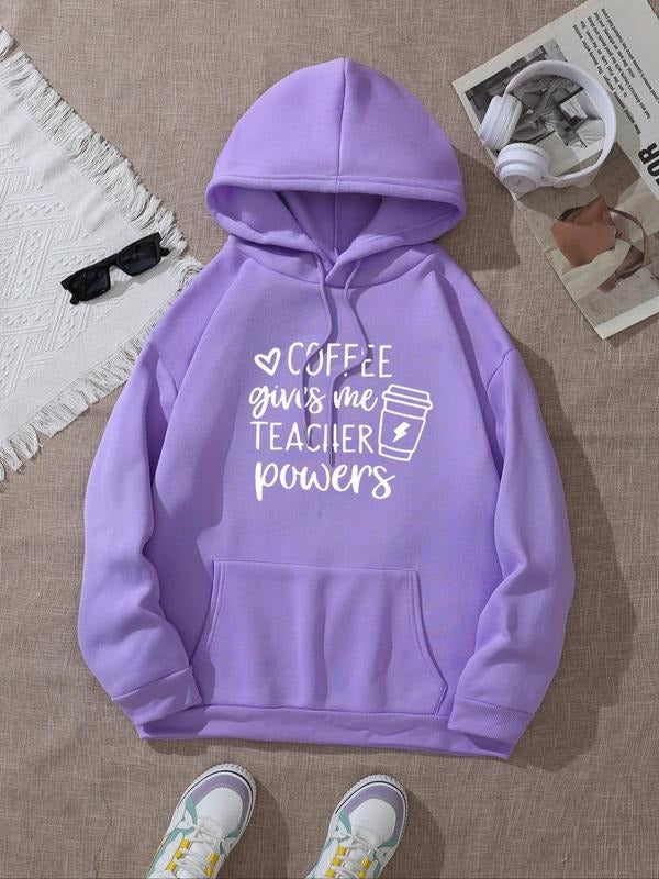 Women's Cartoon Coffee & Letter Print Drop Shoulder Hoodie, Fashion Casual Drawstring Pocket Hooded Sweatshirt for Daily...