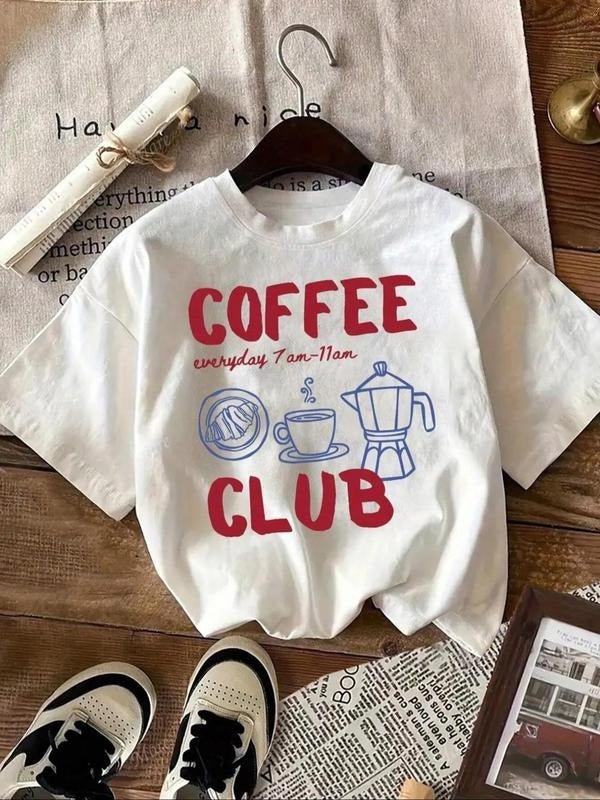Women's Cartoon Coffee Print Round Neck Tee, Casual Letter Graphic Short Sleeve T-Shirt for Summer, Ladies Clothes for...