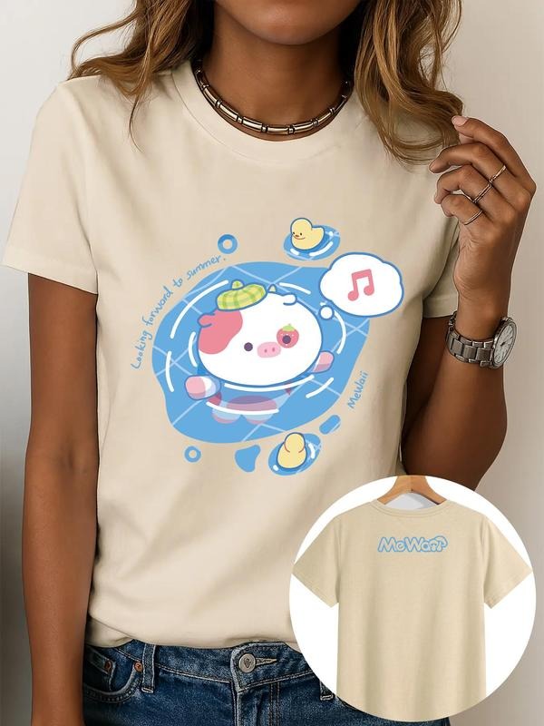Women's Cartoon Cow & Letter Print Round Neck Tee, Casual Short Sleeve T-shirt for Spring & Fall, Ladies Clothes for...
